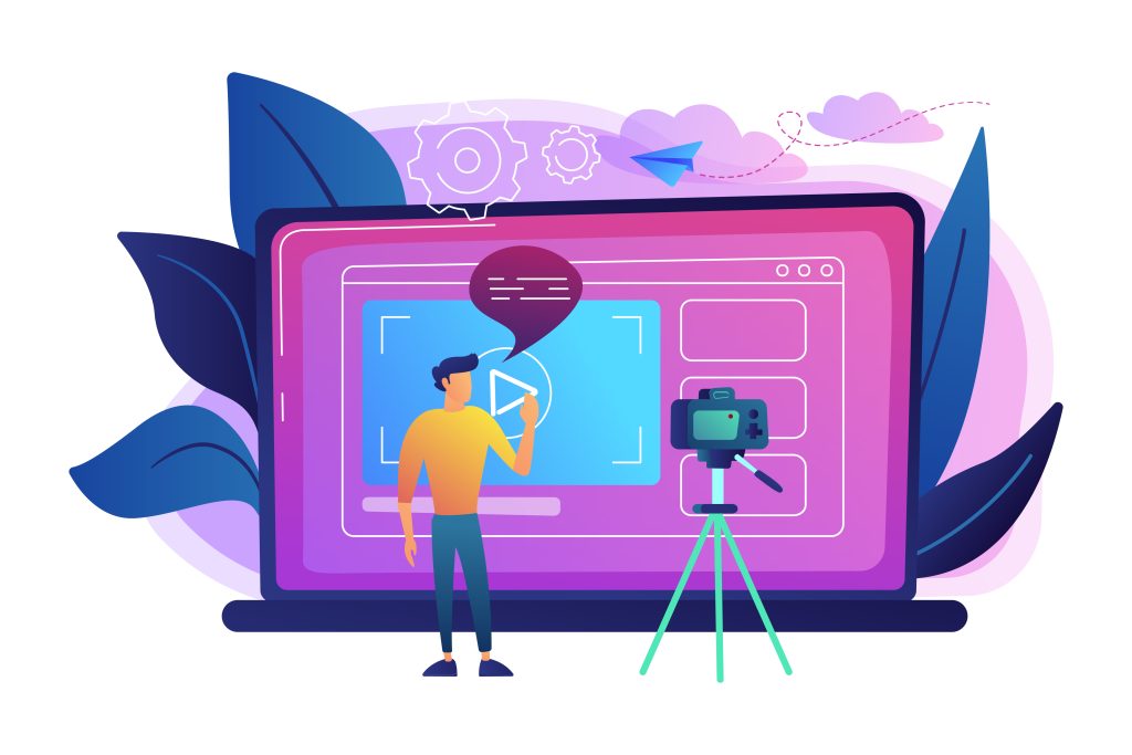 A man in front of camera recording a video to share it in internet. Vloger shares a broadcast in blog or video log.  Content strategy through Video bloging, web television or embedded video concept. Violet palette. Vector.