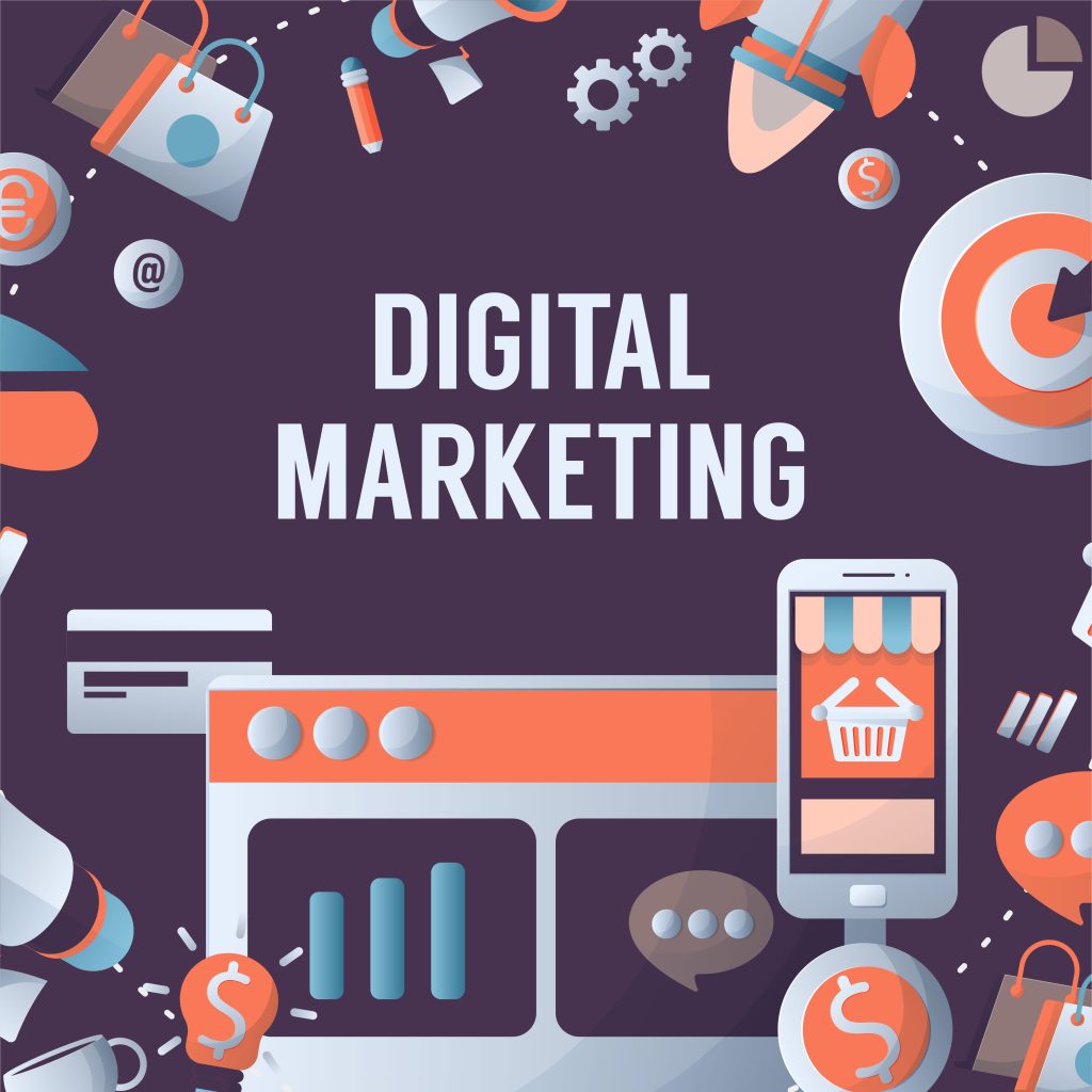 orange themed illustration on paper reading digital marketing

